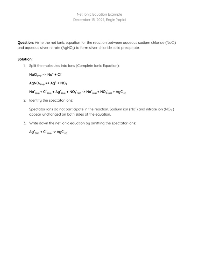 Example Of A Net Ionic Equation
