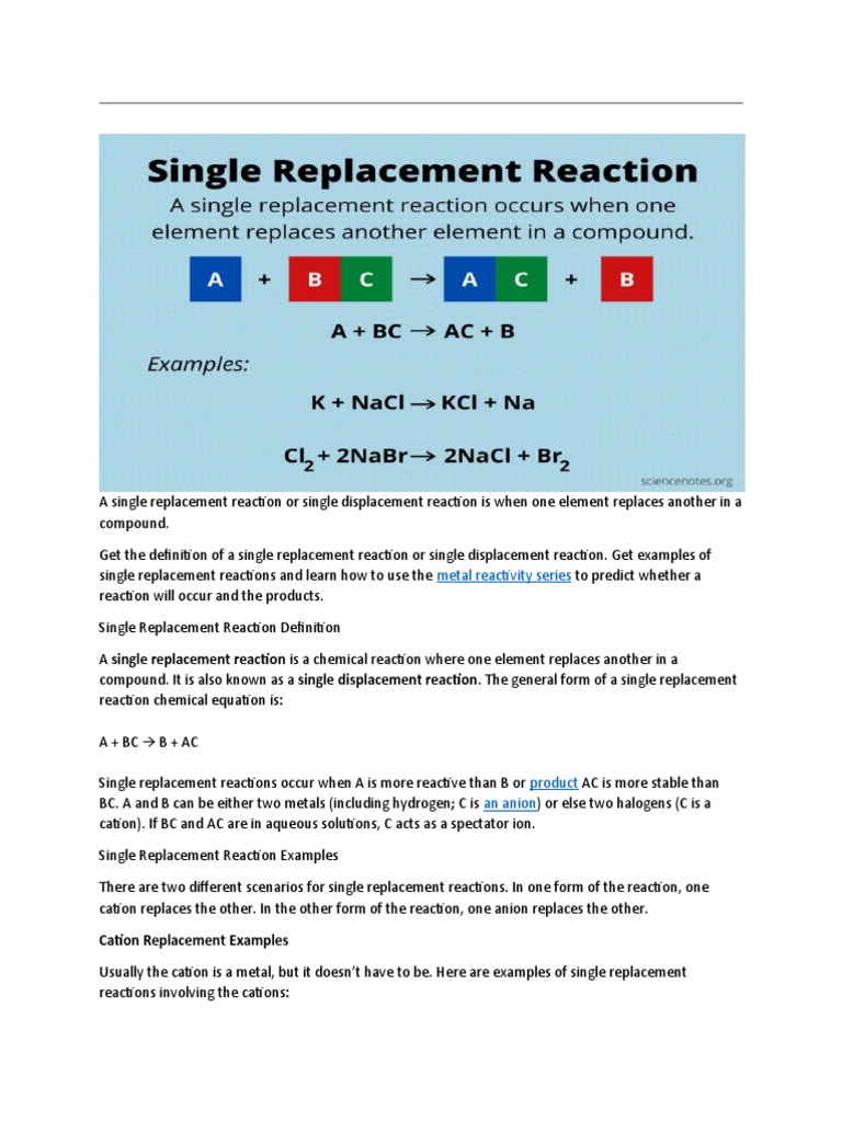 Example Of Single Replacement Chemical Reaction