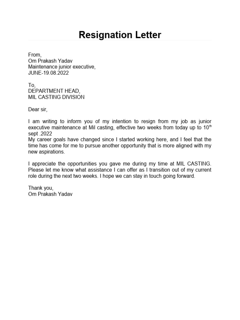 Example Of A Resignation Letter