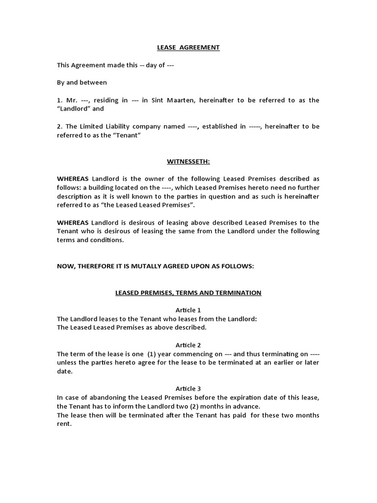 Example Of A Lease Agreement Contract