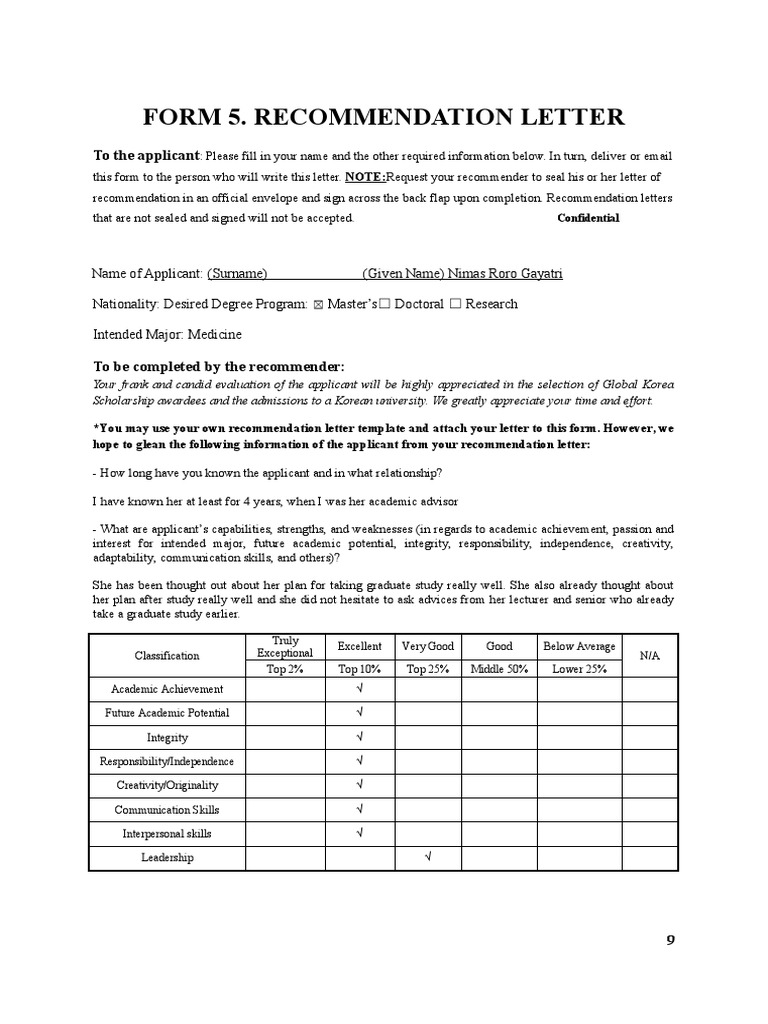 Example Of Letter Of Recommendation