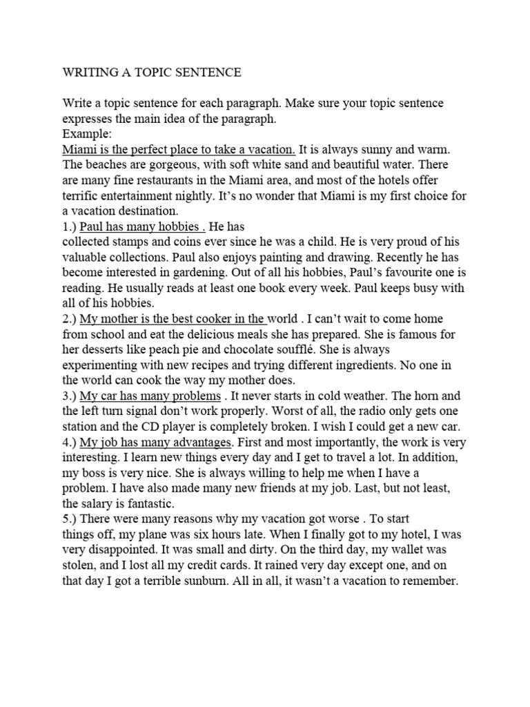 Example Of A Topic Sentence