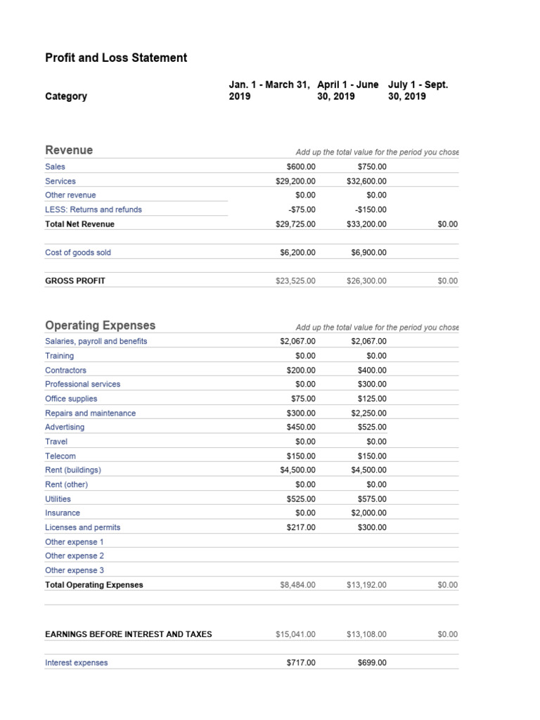 Example Of Profit And Loss Statement