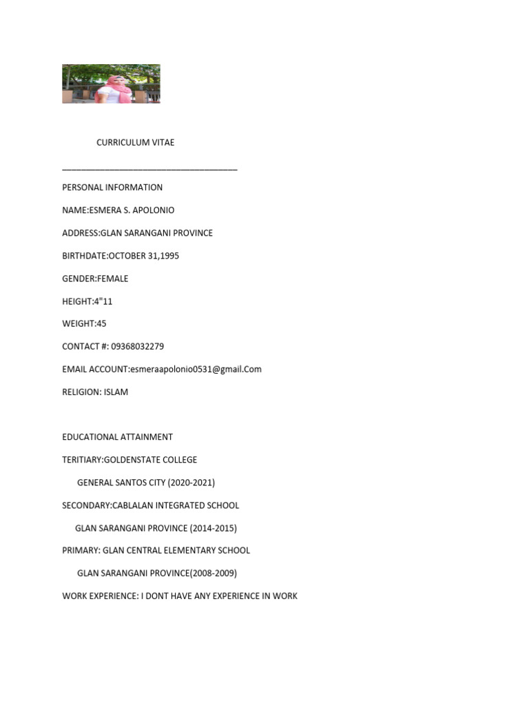 Example Of A Curriculum Vitae