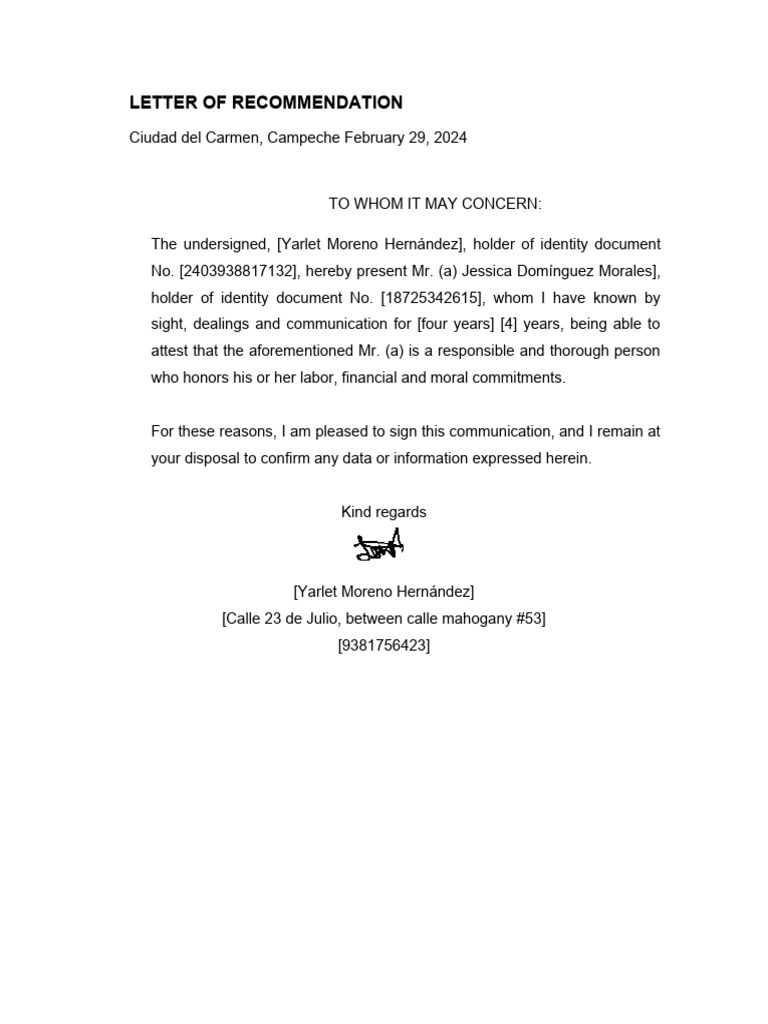 Example Of A Letter Of Recommendation