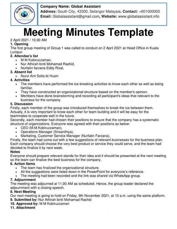 Example Of Minutes Of Meeting