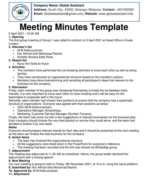 Example Of Minutes Of Meeting Sample