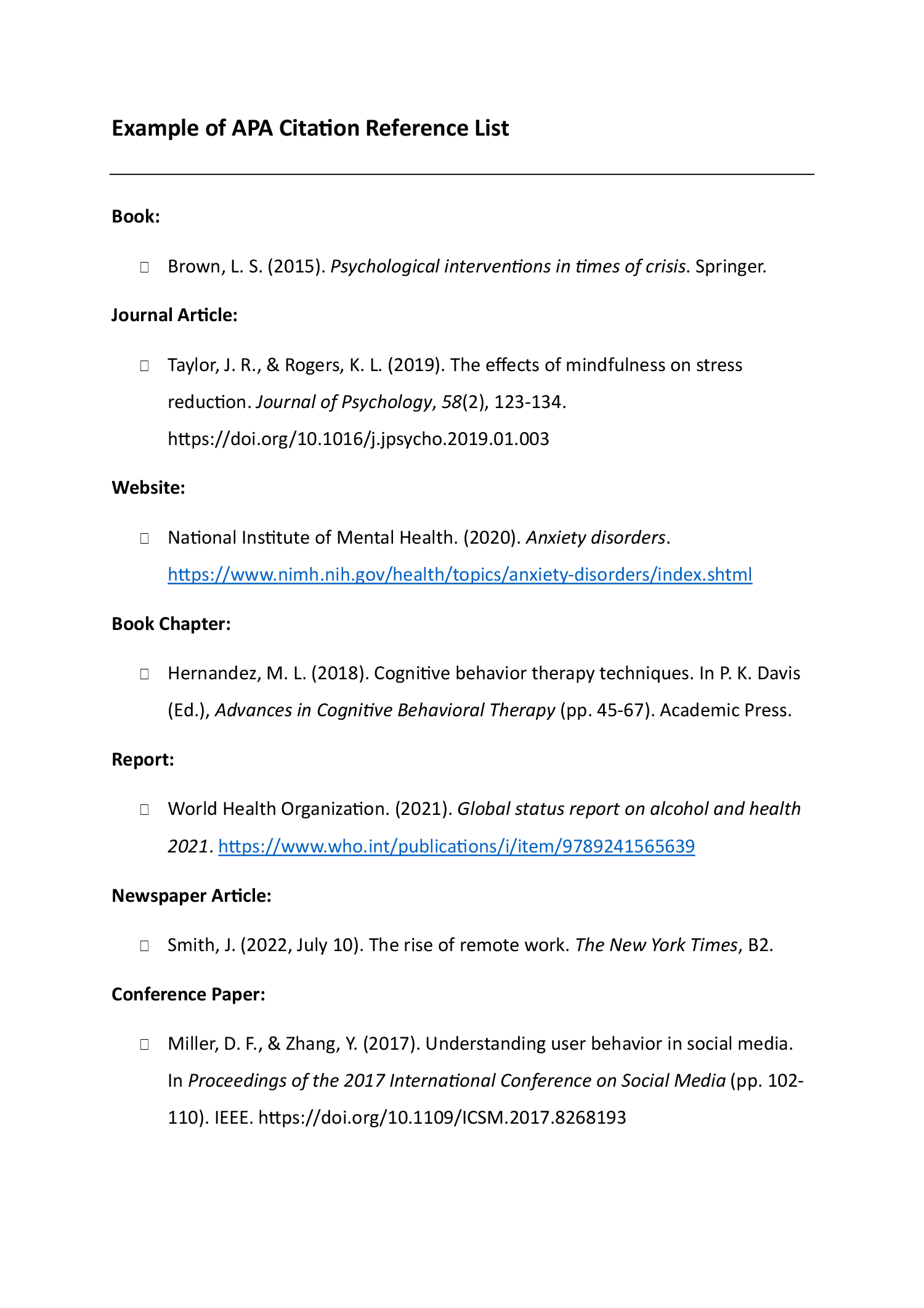 Example Of Apa Citation Reference List