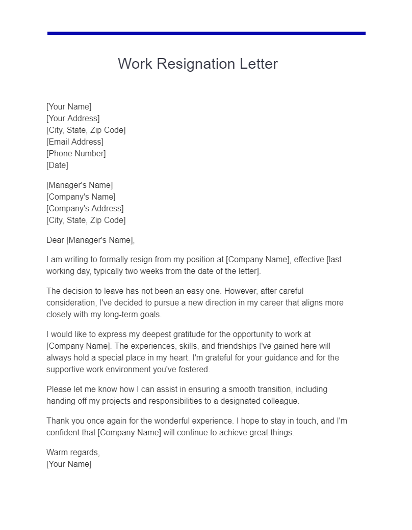 Example Of Resignation Letter To Employer