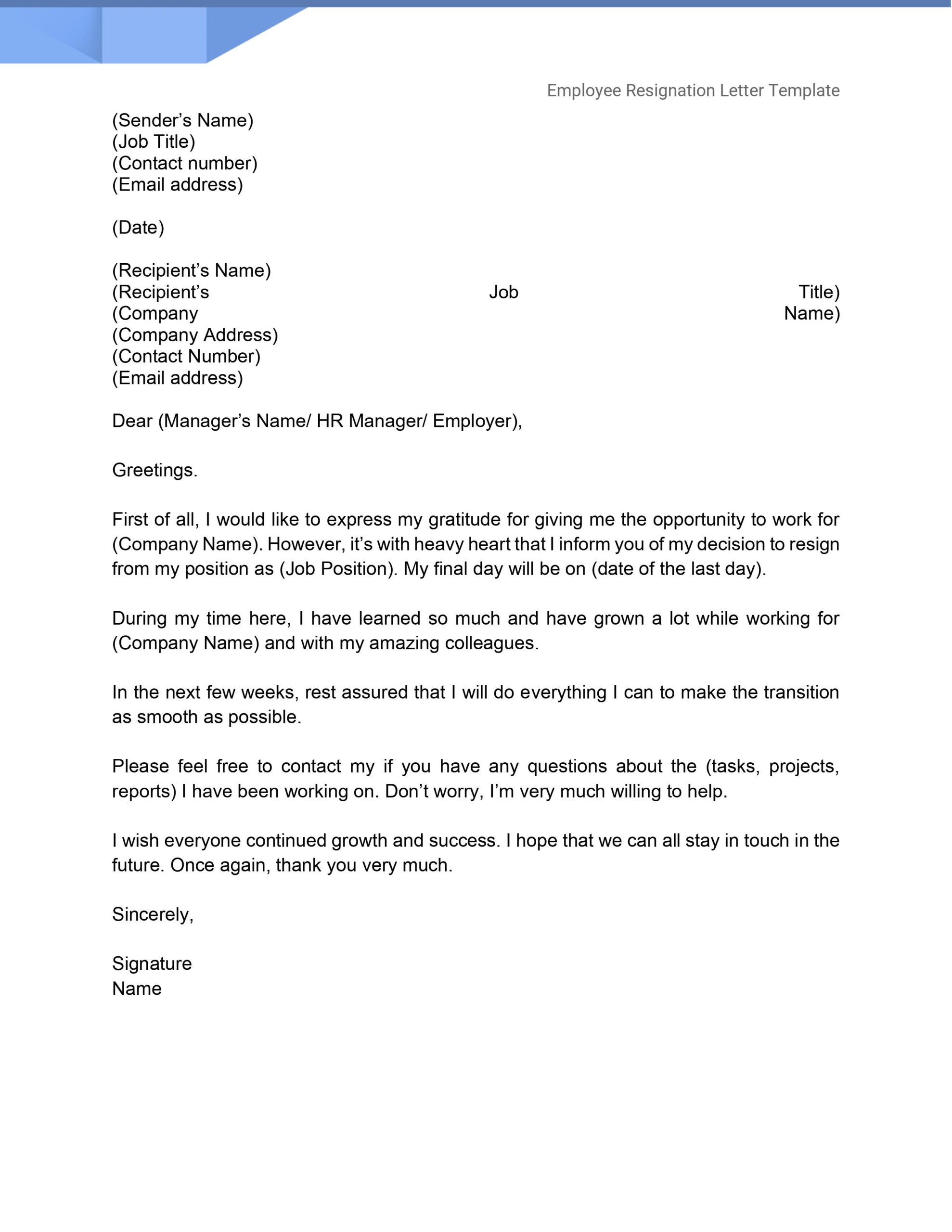 Example Of Resignation Letter Template