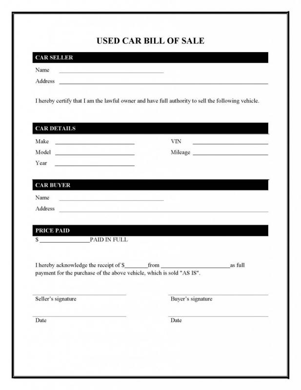 Example Of Bill Of Sale For Car