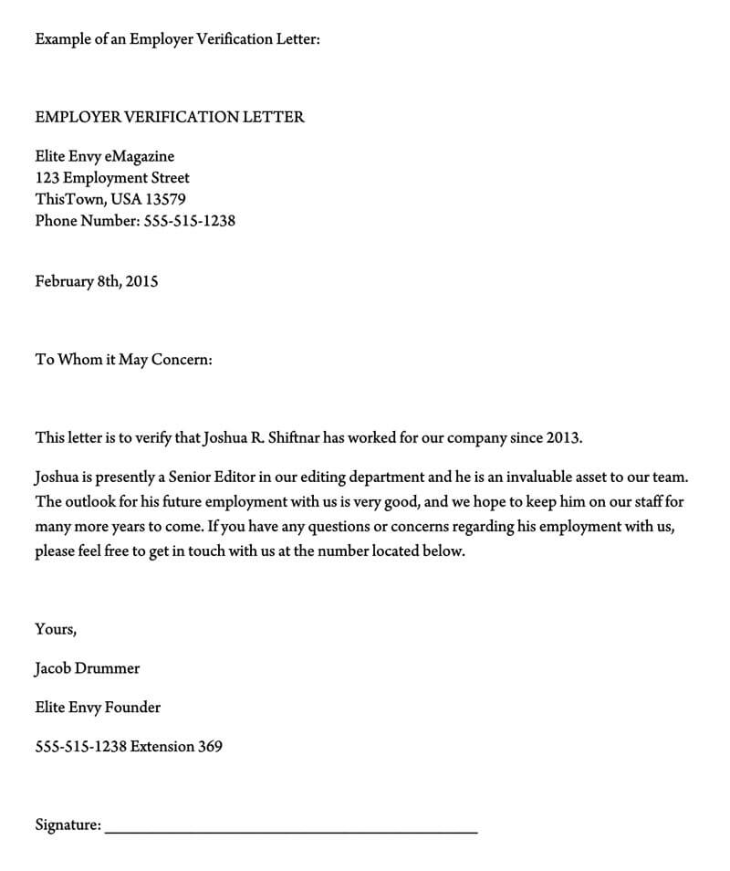 Example Of Employment Verification Letter